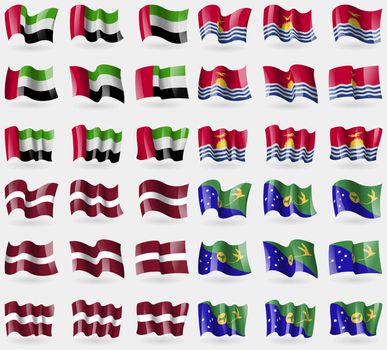 United Arab Emirates, Kiribati, Latvia, Christmas Island. Set of 36 flags of the countries of the world. illustration