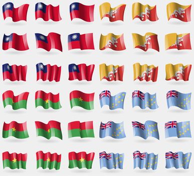 Taiwan, Bhutan, Burkia Faso, Tuvalu. Set of 36 flags of the countries of the world. illustration