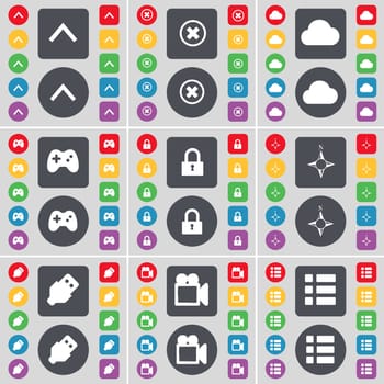 Arrow up, Stop, Cloud, Gamepad, Lock, Compass, USB, Film camera, List icon symbol. A large set of flat, colored buttons for your design. illustration