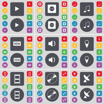 Media play, Socket, Note, New, Sound, Checkpoint, Negative films, Disk, Satellite dish icon symbol. A large set of flat, colored buttons for your design. illustration