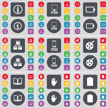 Information, PC, Battery, Network, Smartphone, Videotape, Book, Hand, Battery icon symbol. A large set of flat, colored buttons for your design. illustration