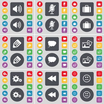 Sound, Microphone, Suitcase, Pencil, Chat cloud, Picture, Gear, Rewind, Smile icon symbol. A large set of flat, colored buttons for your design. illustration