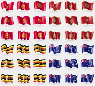 Kyrgyzstan, Montenegro, Uganda, Cook Islands. Set of 36 flags of the countries of the world. illustration