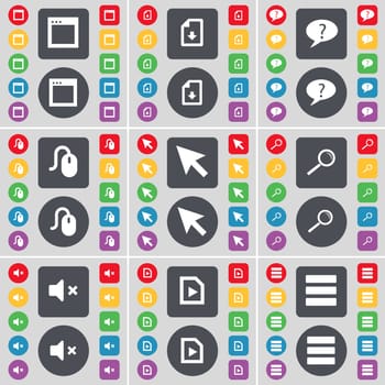 Window, Dowload file, Chat bubble, Mouse, Cursor, Magnifying glass, Mute, Media file, Apps icon symbol. A large set of flat, colored buttons for your design. illustration