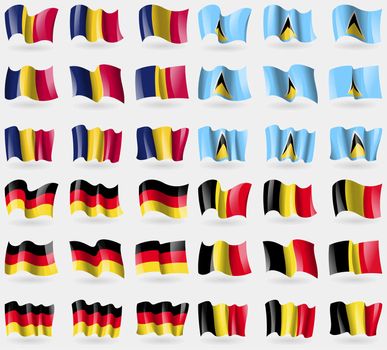 Chad, Saint Lucia, Germany, Belgium. Set of 36 flags of the countries of the world. illustration