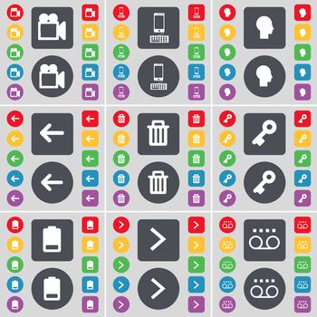 Film camera, Smartphone, Silhouette, Arrow left, Trash can, Key, Battery, Arrow right, Cassette icon symbol. A large set of flat, colored buttons for your design. illustration