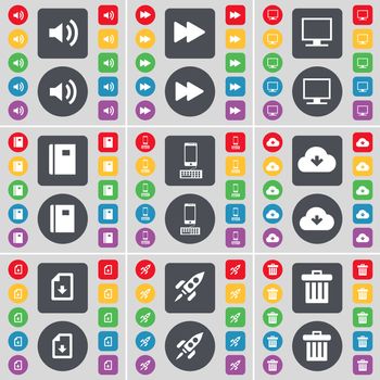 Sound, Rewind, Monitor, Notebook, Smartphone, Cloud, Download file, Rocket, Trash can icon symbol. A large set of flat, colored buttons for your design. illustration