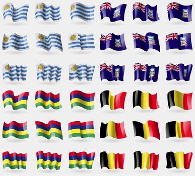 Uruguay, Falkland Islands, Mauritius, Belgium. Set of 36 flags of the countries of the world. illustration