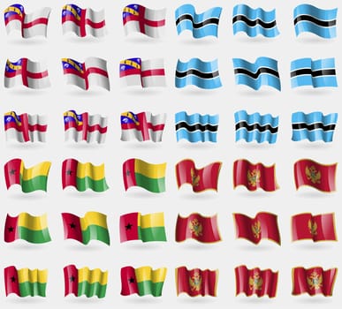 Herm, Botswana, GuineaBissau, Montenegro. Set of 36 flags of the countries of the world. illustration