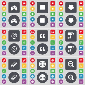 Gamepad, Media stop, Police badge, Mail, Quotation mark, CCTV, Clip, Globe, Magnifying glass icon symbol. A large set of flat, colored buttons for your design. illustration