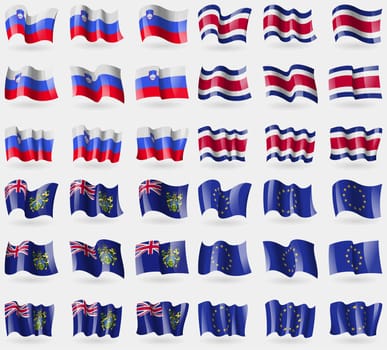 Slovenia, Costa Rica, Pitcairn Islands, European Union. Set of 36 flags of the countries of the world. illustration