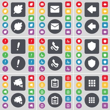 Leaf, Message, Arrow left, Exclamation mark, Badge, CCTV, Survey, Apps icon symbol. A large set of flat, colored buttons for your design. illustration