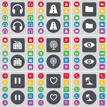 Headphones, Road, Folder, Keyboard, Wi-Fi, Vision, Pause, Heart, Palm icon symbol. A large set of flat, colored buttons for your design. illustration