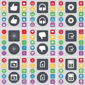 Like, Headphones, Star, Dislike, Survey, Window, Upload file, Player icon symbol. A large set of flat, colored buttons for your design. illustration