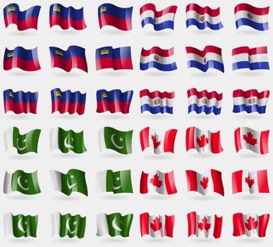 Liechtenstein, Paraguay, Pakistan, Canada. Set of 36 flags of the countries of the world. illustration