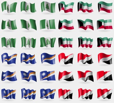 Norfolk Island, Kuwait, Marshall Islands, Sealand Principality. Set of 36 flags of the countries of the world. illustration