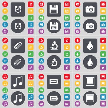 Alarm clock, Floppy, Camera, Clip, Microscope, Drop, Note, Battery, Window icon symbol. A large set of flat, colored buttons for your design. illustration