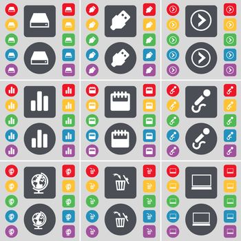 Hard drive, USB, Arrow right, Diagram, Calendar, Microphone, Globe, Trash can, Laptop icon symbol. A large set of flat, colored buttons for your design. illustration