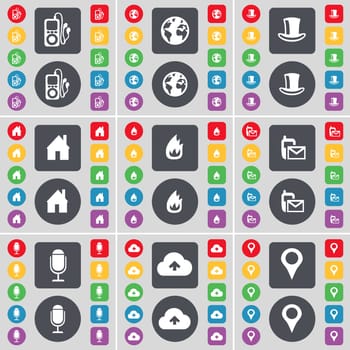 MP3 player, Earth, Silk hat, House, Fire, SMS, Microphone, Cloud, Checkpoint icon symbol. A large set of flat, colored buttons for your design. illustration