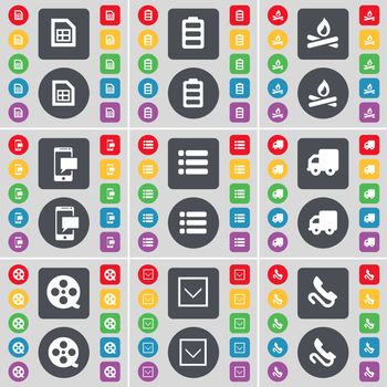 File, Battery, Campfire, SMS, List, Truck, Videotape, Arrow down, Receiver icon symbol. A large set of flat, colored buttons for your design. illustration