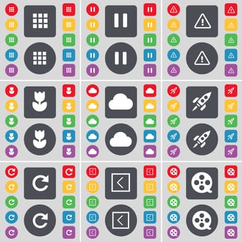 Apps, Pause, Warning, Flower, Cloud, Rocket, Reload, Arrow left, Videotape icon symbol. A large set of flat, colored buttons for your design. illustration