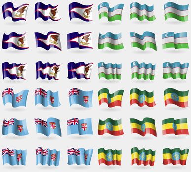 American Samoa, Uzbekistan, Fiji, Ethiopia. Set of 36 flags of the countries of the world. illustration