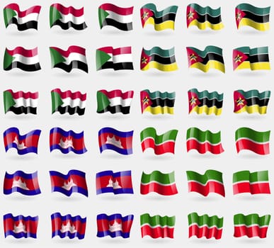 Sudan, Mozambique, Cambodia, Tatarstan. Set of 36 flags of the countries of the world. illustration