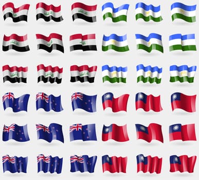 Iraq, Bashkortostan, New Zeland, Taiwan. Set of 36 flags of the countries of the world. illustration