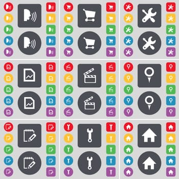 Talk, Shopping cart, Wrench, File, Clapper, Checkpoint, Notebook, Wrench, House icon symbol. A large set of flat, colored buttons for your design. illustration