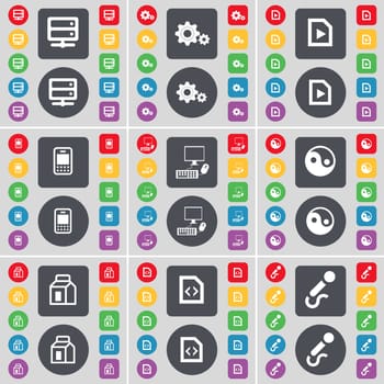 Server, Gear, Media file, Mobile phone, PC, Yin-Yang, Packing, File, Microphone icon symbol. A large set of flat, colored buttons for your design. illustration