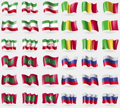 Iran, Mali, Maldives, Russia. Set of 36 flags of the countries of the world. illustration