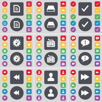 Text file, Hard drive, Tick, Gear, Keyboard, Chat bubble, Rewind, Avatar icon symbol. A large set of flat, colored buttons for your design. illustration