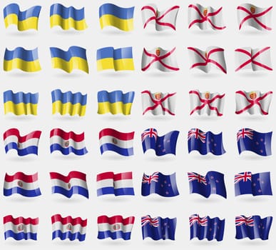 Ukraine, Jersey, Paraguay, New Zeland. Set of 36 flags of the countries of the world. illustration