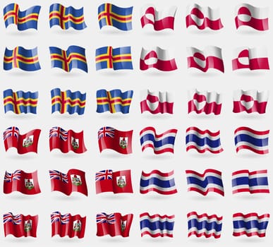 Aland, Greenland, Bermuda, Thailand. Set of 36 flags of the countries of the world. illustration