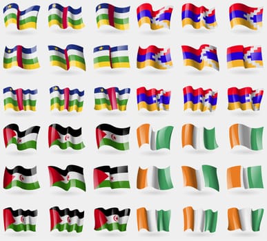 Central African Republic, Karabakh Republic, Western Sahara, Cote Divoire. Set of 36 flags of the countries of the world. illustration