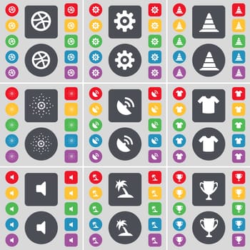 Ball, Gear, Cone, Star, Satellite dish, T-Shirt, Sound, Palm, Cup icon symbol. A large set of flat, colored buttons for your design. illustration