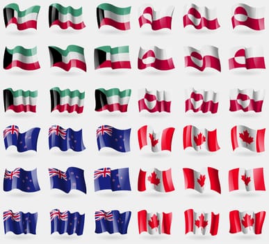 Kuwait, Greenland, New Zeland, Canada. Set of 36 flags of the countries of the world. illustration