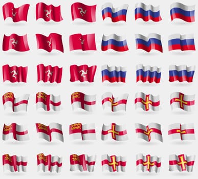 Isle of man, Russia, Sark, Guernsey. Set of 36 flags of the countries of the world. illustration