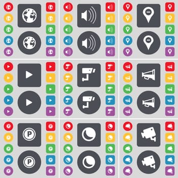 Earth, Sound, Checkpoint, Media play, CCTV, Megaphone, Parking, Moon, CCTV icon symbol. A large set of flat, colored buttons for your design. illustration