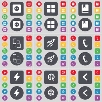 Socket, Apps, Dictionary, Connection, Rocket, Receiver, Flash, Web cursor, Arrow left icon symbol. A large set of flat, colored buttons for your design. illustration