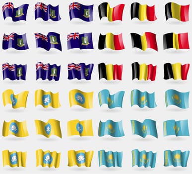 VirginIslandsUK, Belgium, Kamykia, Kazakhstan. Set of 36 flags of the countries of the world. illustration