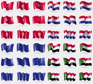 Isle of man, Croatia, European Union, Sudan. Set of 36 flags of the countries of the world. illustration
