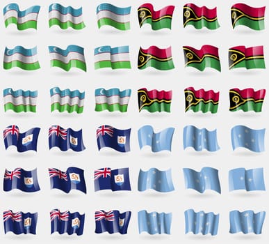 Uzbekistan, Vanuatu, Anguilla, Micronesia. Set of 36 flags of the countries of the world. illustration