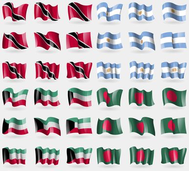 Trinidad and Tobago, Argentina, Kuwait, Bangladesh. Set of 36 flags of the countries of the world. illustration