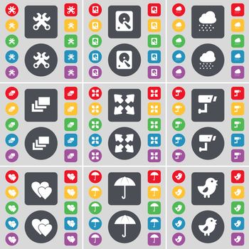 Wrench, Hard drive, Cloud, Gallery, Full screen, CCTV, Heart, Umbrella, Bird icon symbol. A large set of flat, colored buttons for your design. illustration