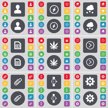 Avatar, Flash, Cloud, File, Marijuana, Arrow right, Clip, Wrist watch, Gear icon symbol. A large set of flat, colored buttons for your design. illustration