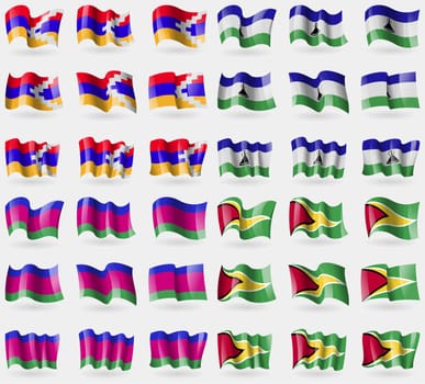 Karabakh Republic, Lesothe, Kuban Republic, Guyana. Set of 36 flags of the countries of the world. illustration