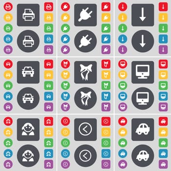 Printer, Socket, Arrow down, Car, Bow, Monitor, Avatar, Arrow left, Car icon symbol. A large set of flat, colored buttons for your design. illustration