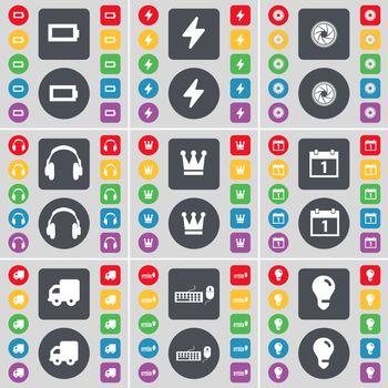 Battery, Flash, Lens, Headphones, Crown, Calendar, Truck, Keyboard, Light bulb icon symbol. A large set of flat, colored buttons for your design. illustration