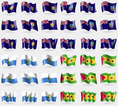 Turks and Caicos, Montserrat, San Marino, Sao Tome and Principe. Set of 36 flags of the countries of the world. illustration